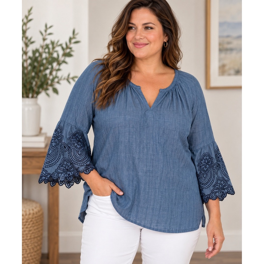 Soft Surroundings 2X Blue Lyocell Tunic Blouse Embroidered Bell Sleeve Boho